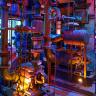 A complex array of industrial pipes and valves bathed in dramatic purple and golden light.